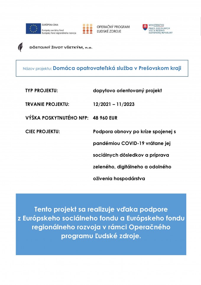 Plagát k projektu Domáca opatrovateľská služba v Prešovskom kraji