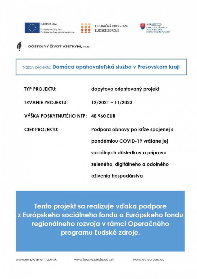 Plagát k projektu Domáca opatrovateľská služba v Prešovskom kraji